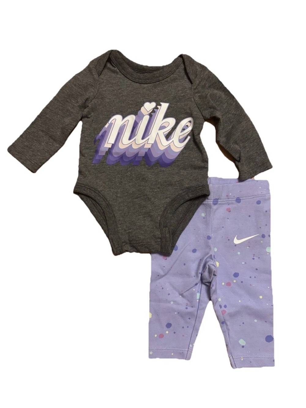 Nike Newborn Girls Charcoal Bodysuit with Lavender Speckle Leggings